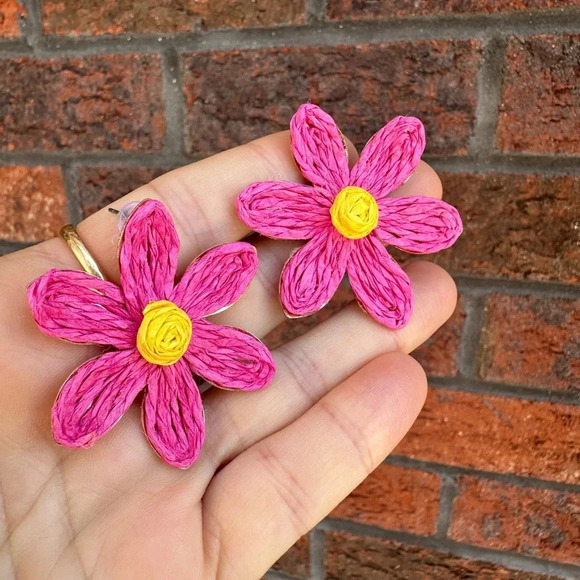 Lalita Pinkish Sky Boho Raffia Flower Earrings - Picture 4 of 9
